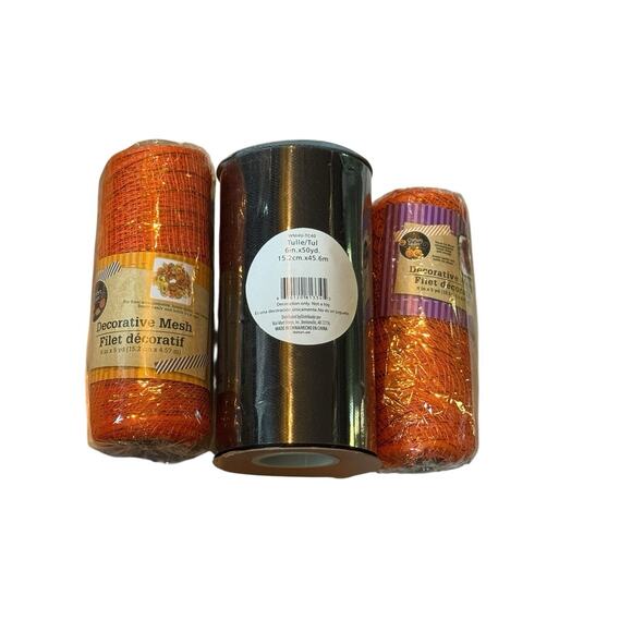 Lot 3 Decorative Mesh & Tulle Rolls Orange Black Craft Ribbon Halloween Decor - Picture 1 of 4